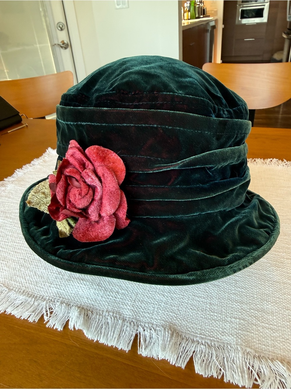 Ossi Velvet Cloche Hat with Rose Accent - Dark Green